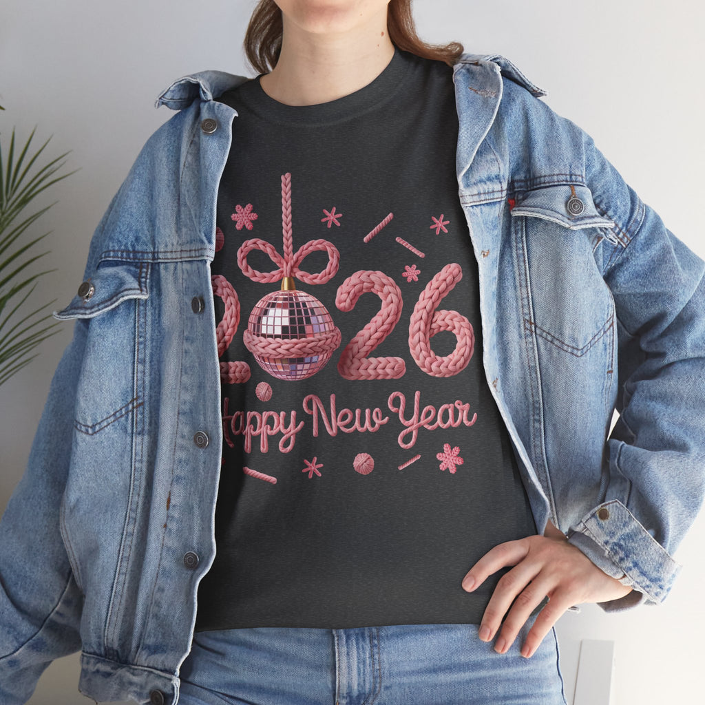 2026 Happy New Year Pink Knitted Disco Ball Unisex Cotton Tee