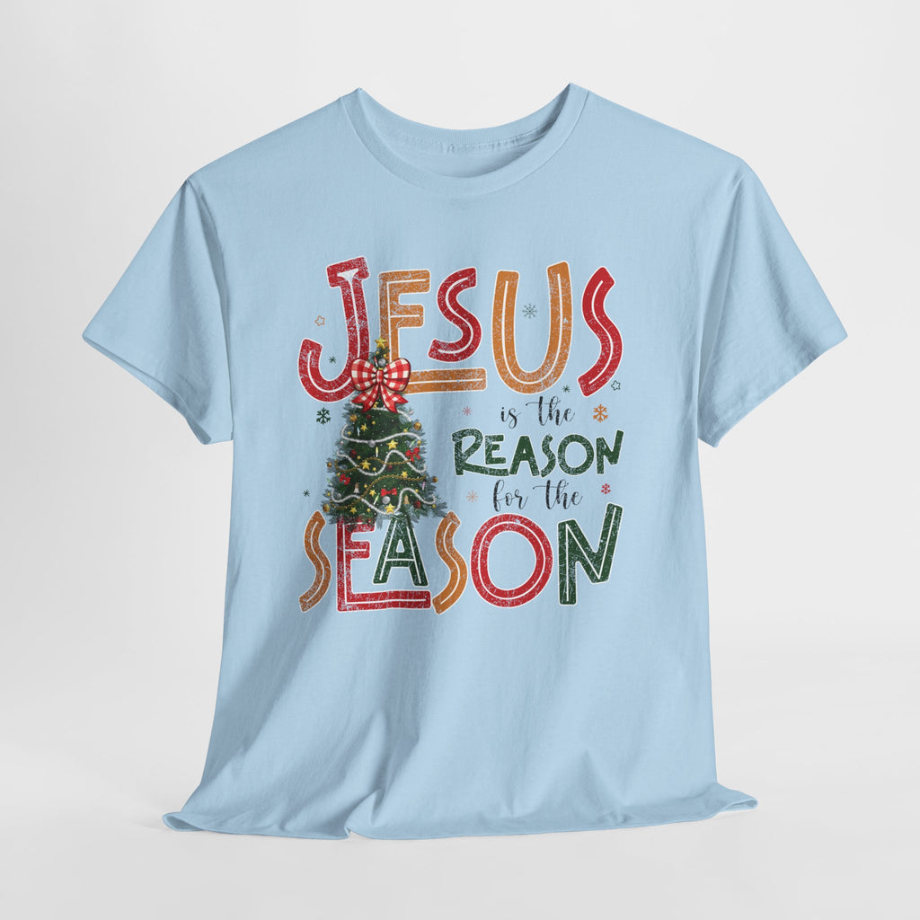 Jesus Is the Reason for the Season Christmas T-Shirt — Plaid Bow Tree..Unisex Cotton Tee