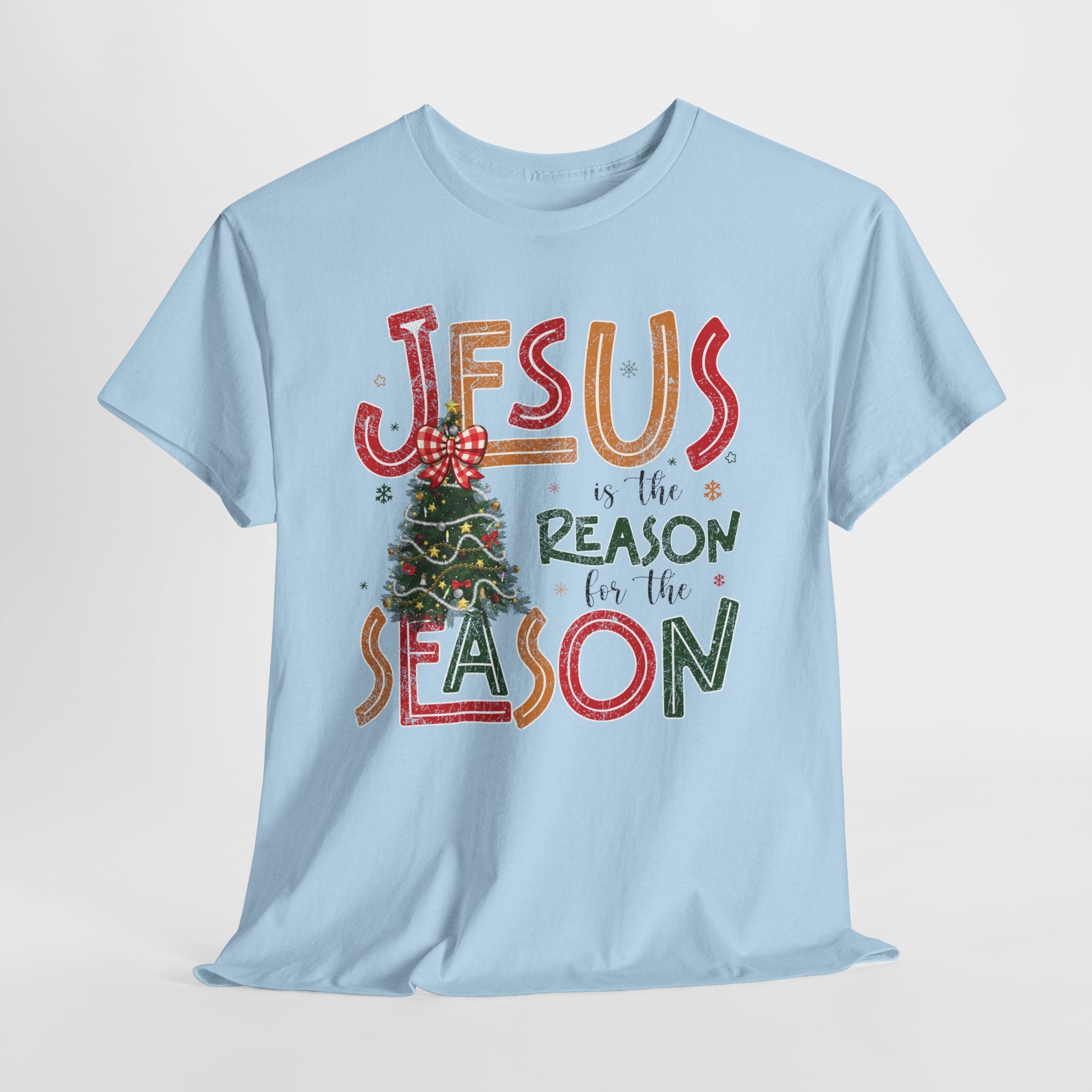 Jesus Is the Reason for the Season Christmas T-Shirt — Plaid Bow Tree..Unisex Cotton Tee