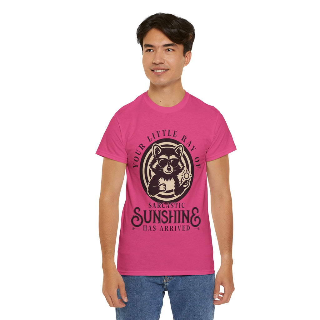 Cool Raccoon Sunglasses T-Shirt — Raccoon Holding Sun Graphic Unisex Cotton Tee