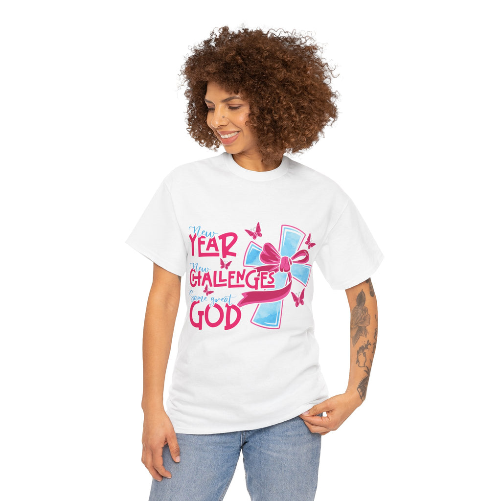 Christian T-Shirt — “New Year, New Challenges, Same Great God” with Pink Bow Cross & Butterflies. Unisex Cotton Tee