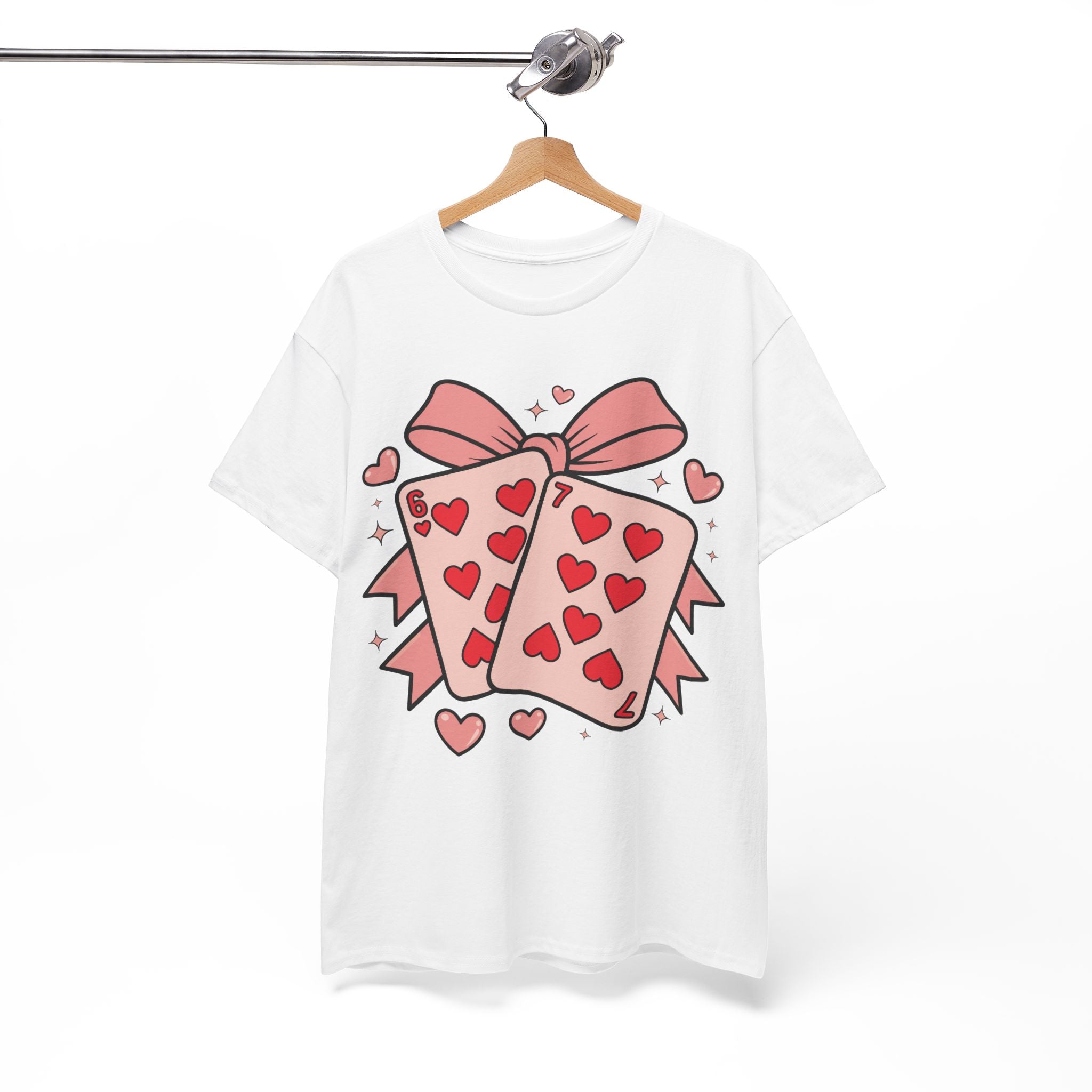 6 & 7 of Hearts T-Shirt — Paired Playing Cards with Pink Bow Unisex Cotton Tee