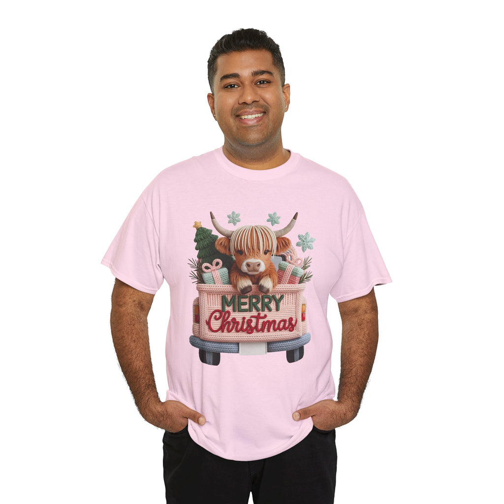Merry Christmas Highland Cow Knit Truck Unisex Cotton T-Shirt