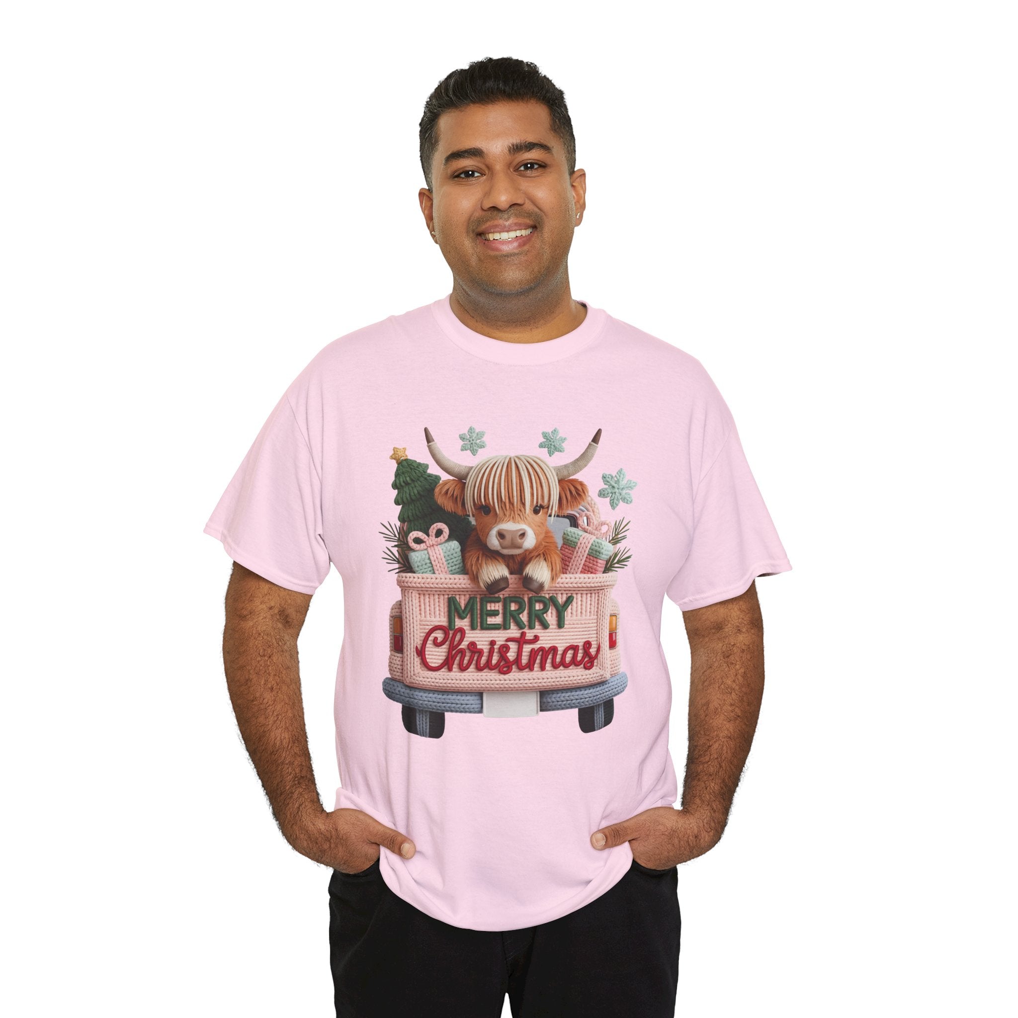 Merry Christmas Highland Cow Knit Truck Unisex Cotton T-Shirt