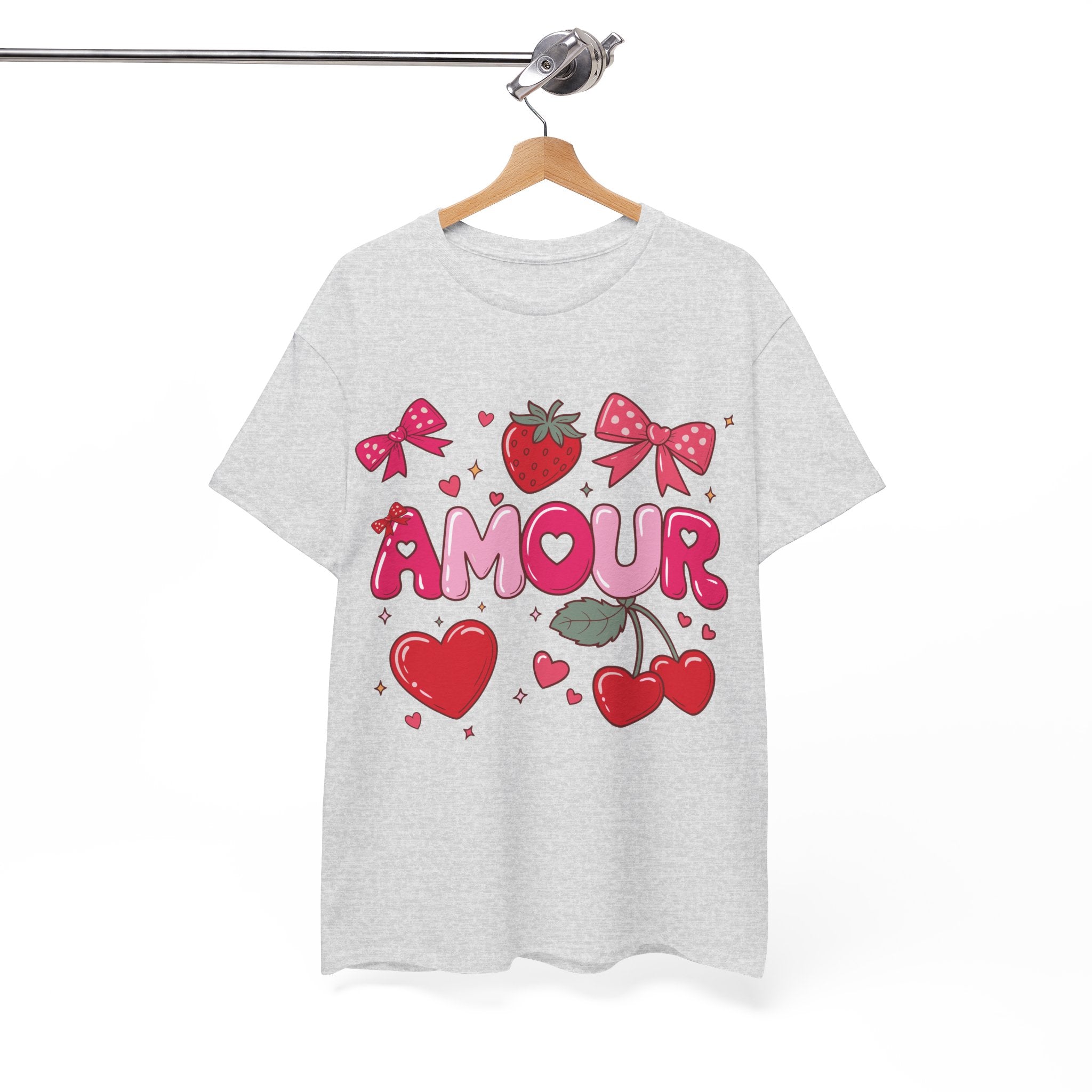 Amour Pink Hearts Tee — Shiny Lettering with Bows, Cherries & Strawberry Accent...Unisex Cotton Tee