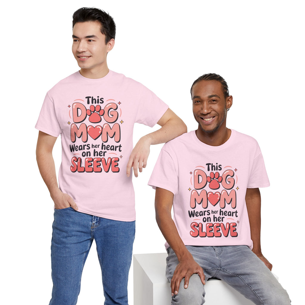 Dog Mom T-Shirt — "This Dog Mom Wears Her Heart on Her Sleeve" Paw & Heart Unisex Cotton Tee