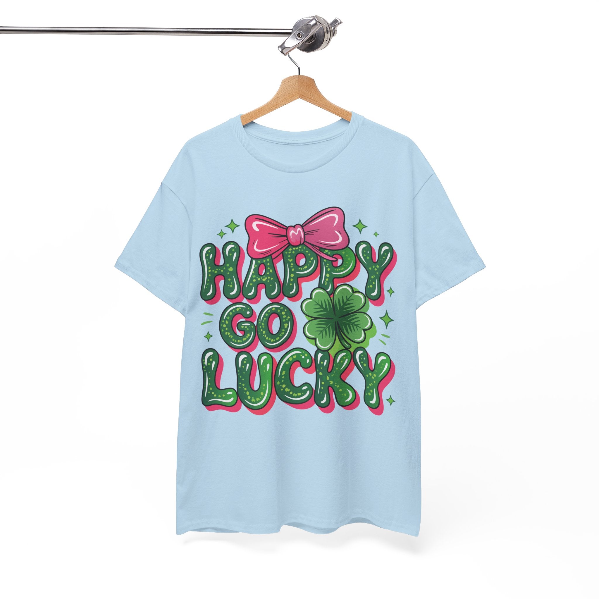 Happy Go Lucky Four-Leaf Clover Tee — Glossy Green Letters & Pink Bow Unisex Cotton Tee