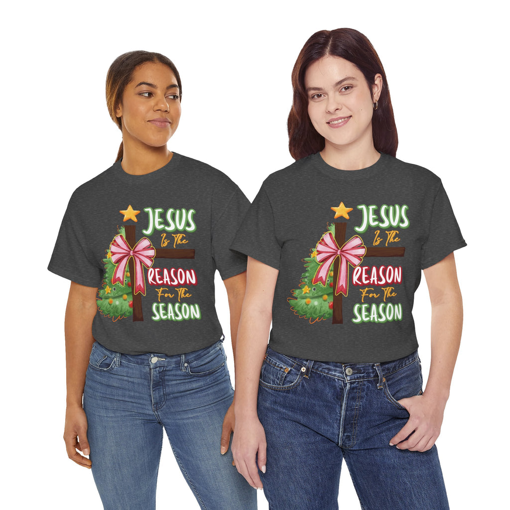 Jesus Is the Reason for the Season Christmas Tee — Cross with Pink Bow & Tree. Unisex Cotton Tee