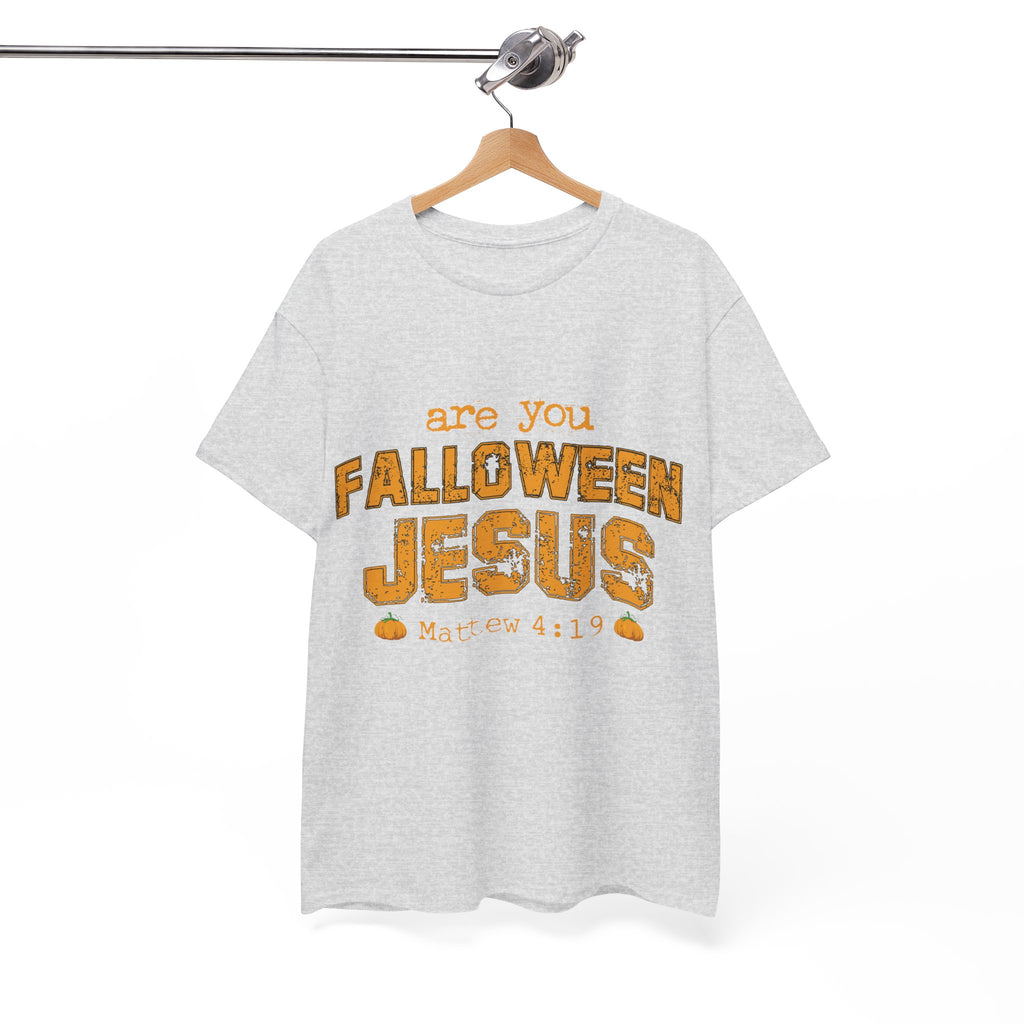Christian Halloween T-Shirt — “Are You Falloween Jesus? Matthew 4:19” Distressed Pumpkin Design. Unisex Cotton Tee