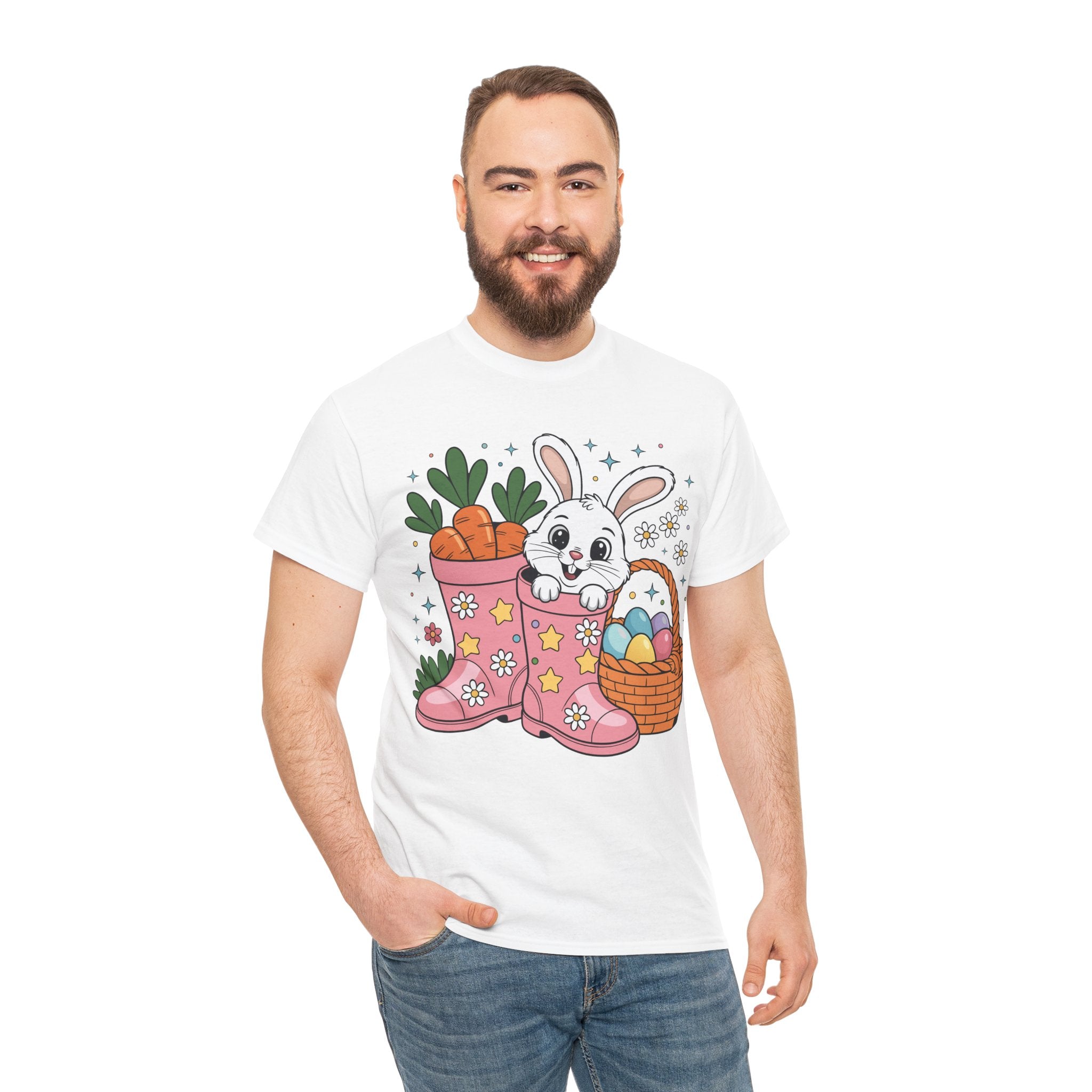 Easter Bunny in Pink Rain Boots T-Shirt — Cartoon Bunny, Carrots & Colorful Eggs Unisex Cotton Tee