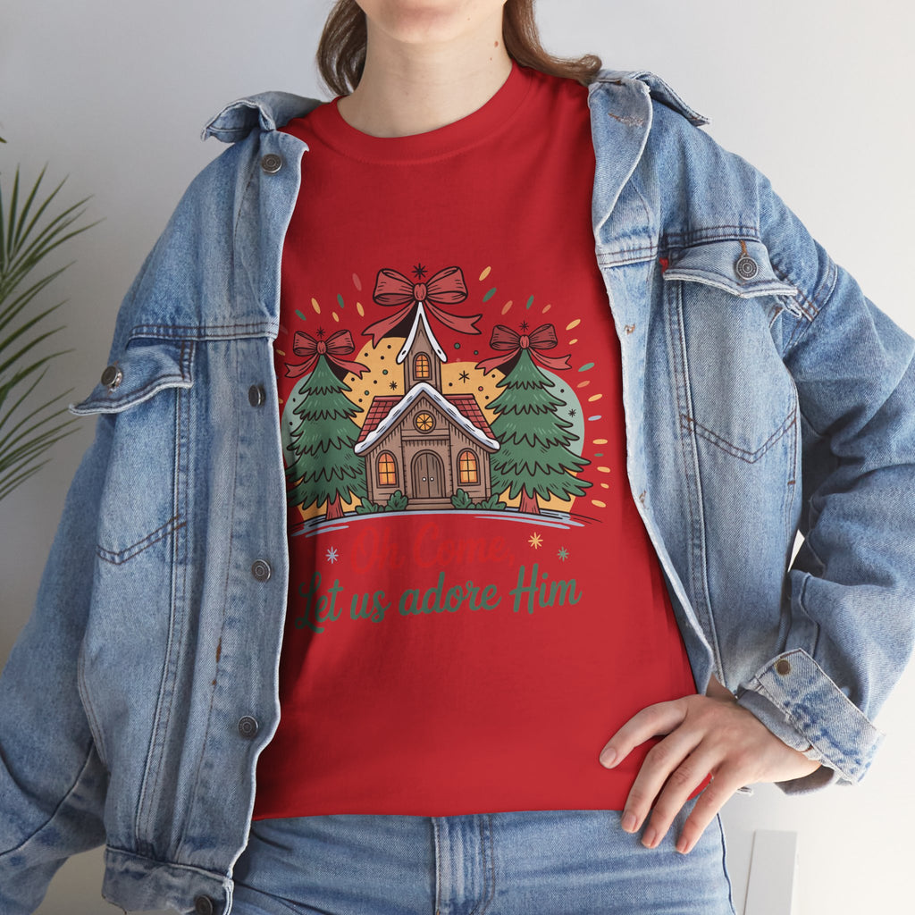 Oh Come Let Us Adore Him Christmas Tee — Church & Trees Holiday Unisex Cotton Tshirt