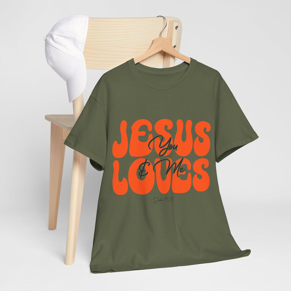 Jesus Loves You & Me Retro Tee — Playful Orange Bubbly Christian Unisex Cotton T-Shirt
