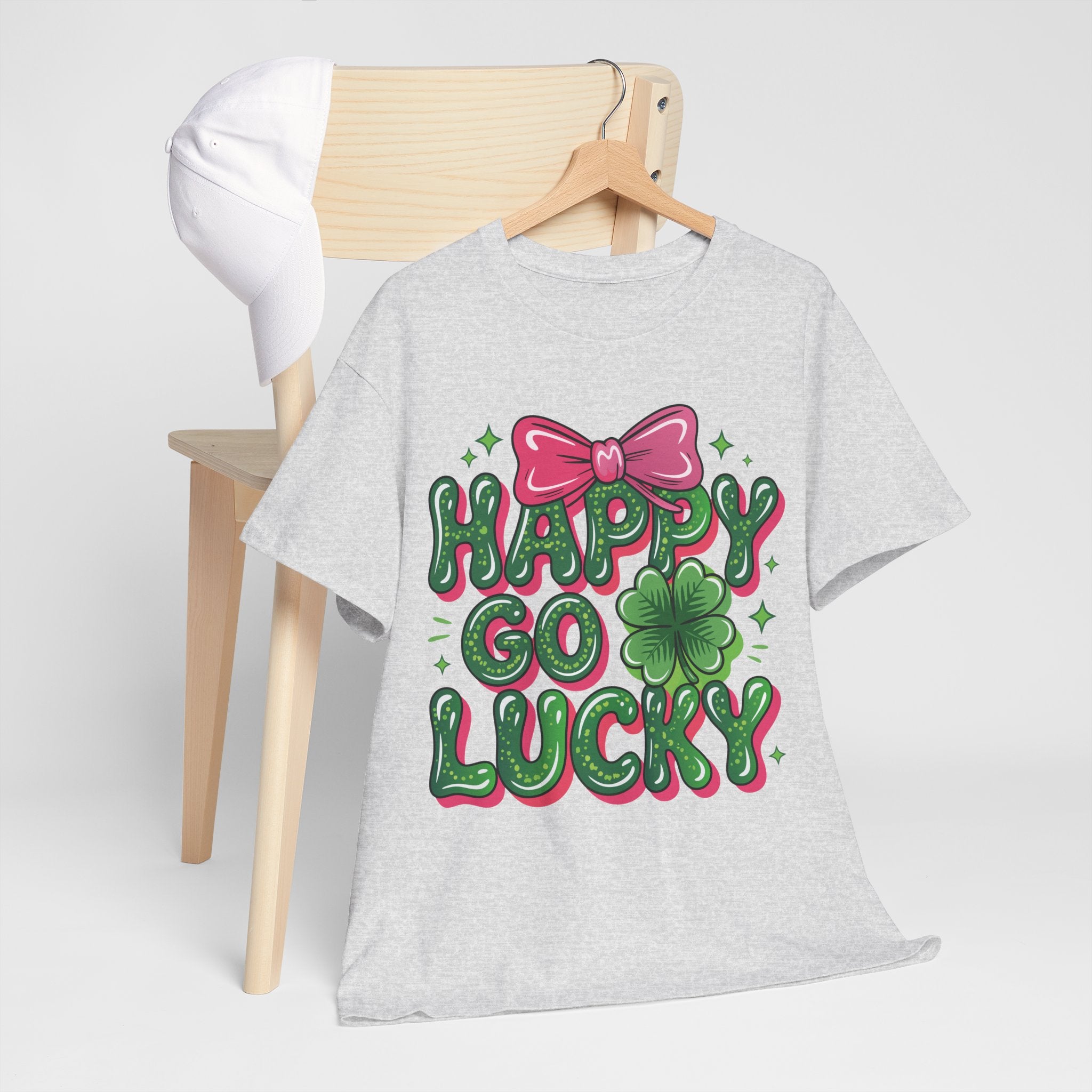 Happy Go Lucky Four-Leaf Clover Tee — Glossy Green Letters & Pink Bow Unisex Cotton Tee