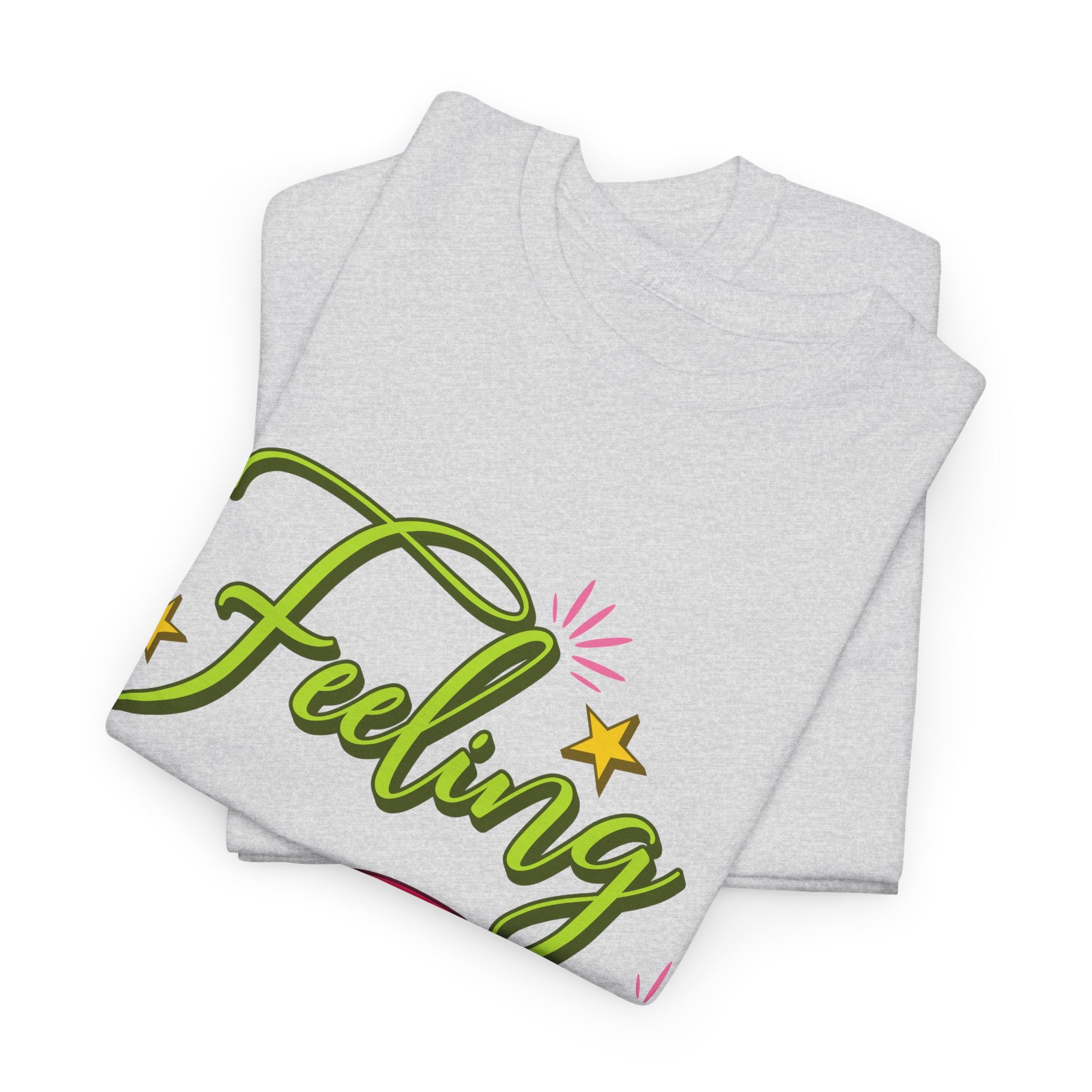 Feeling Jolly Tee — Festive Green & Pink Script with Yellow Stars Unisex Cotton Tee