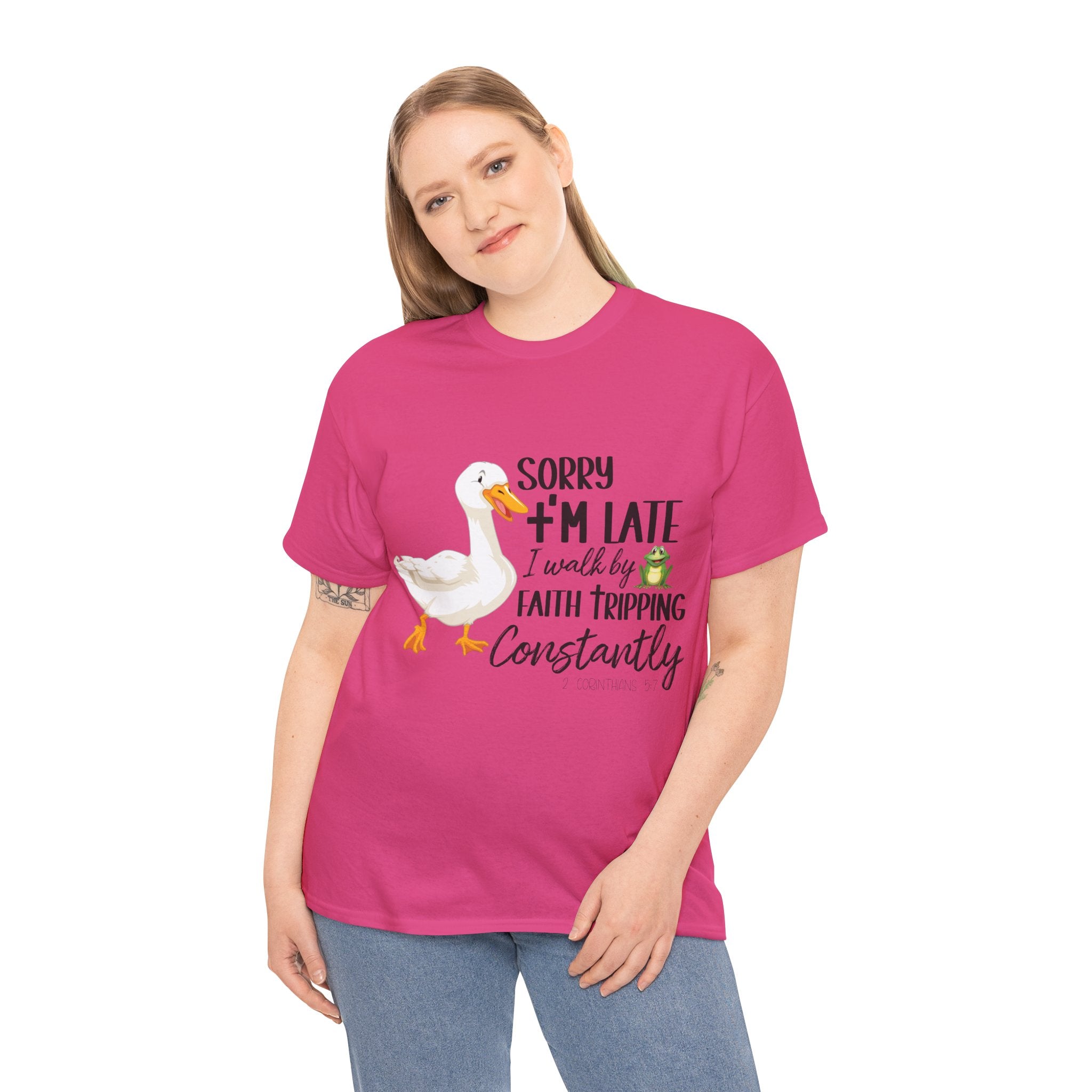Christian Humor T-Shirt — “Sorry I’m Late, I Walk by Faith Tripping Constantly” (Duck & Frog). Unisex Cotton Tee
