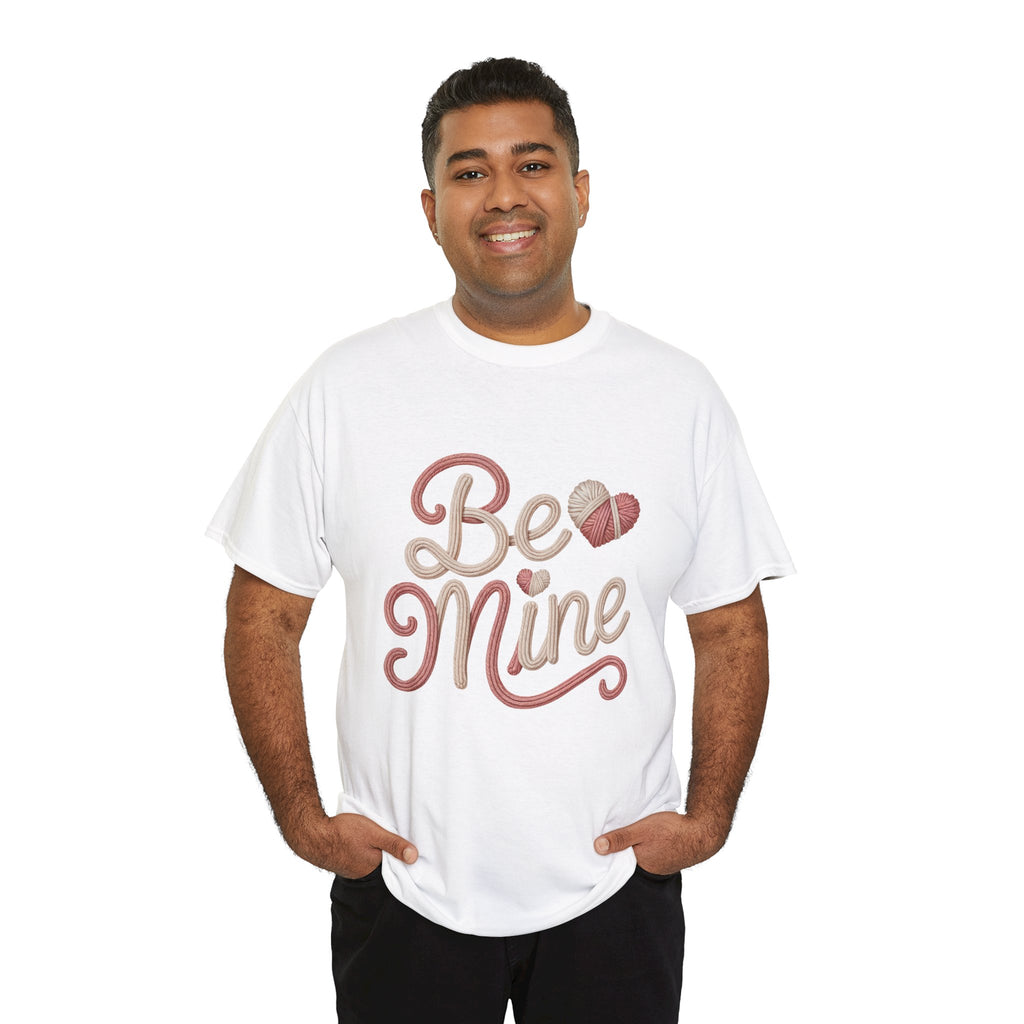 Be Mine Yarn Heart T-Shirt — Valentine’s Faux-Yarn Pink & Cream Unisex Cotton Tee