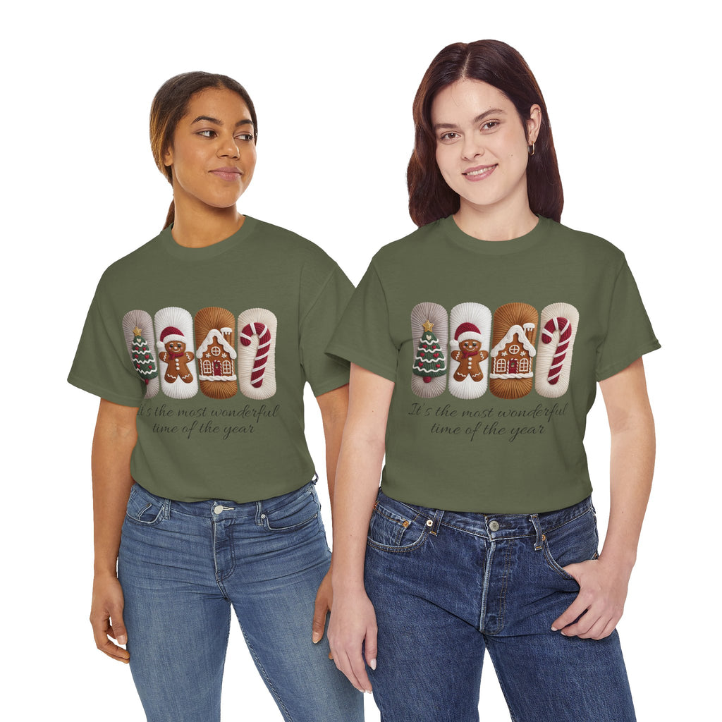 Christmas Faux-Yarn Tree Tee — Gingerbread House & Candy Cane Holiday Unisex Cotton T-Shirt