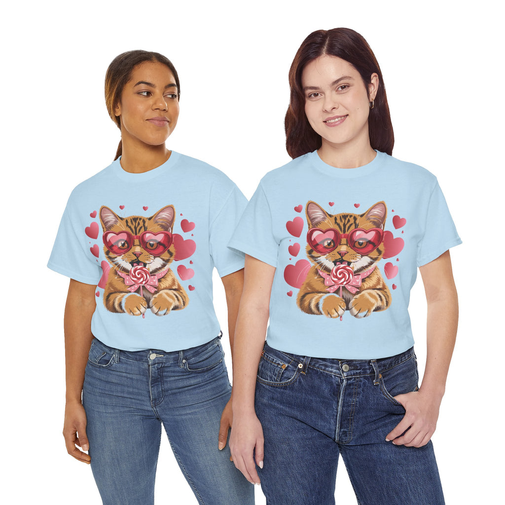 Valentine Cat Tee — Heart Glasses, Lollipop Bow Unisex Cotton Tee