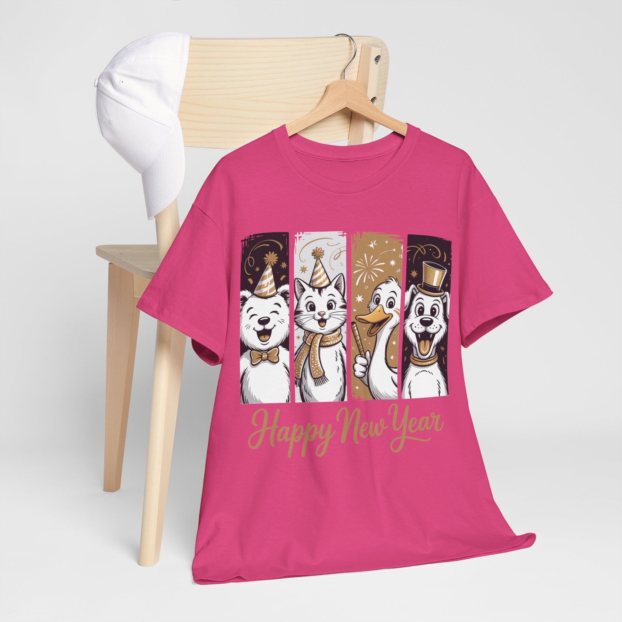 Happy New Year Party Animals T-Shirt — Cute Smiling Animals in Party Hats & Gold Fireworks..Unisex Cotton Tee