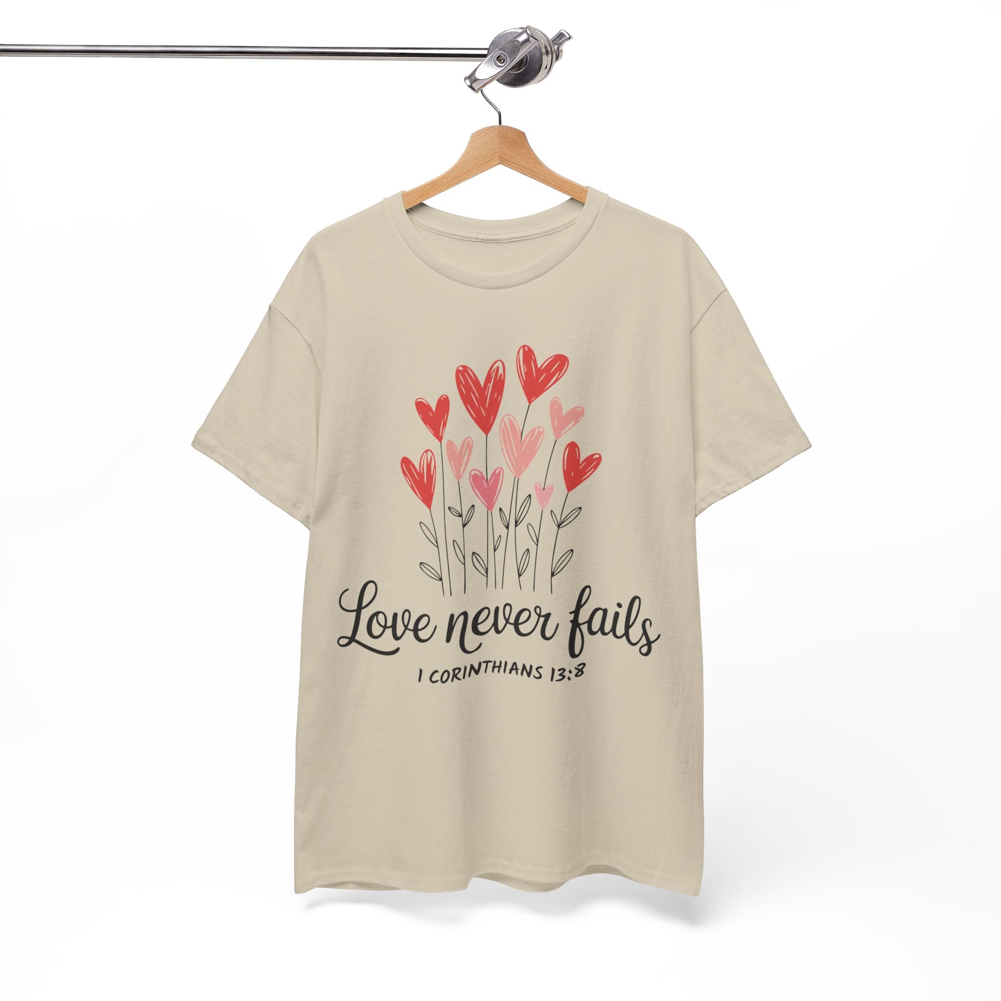 Christian Valentine T-Shirt — "Love Never Fails" (1 Corinthians 13:8) Unisex Cotton Tee