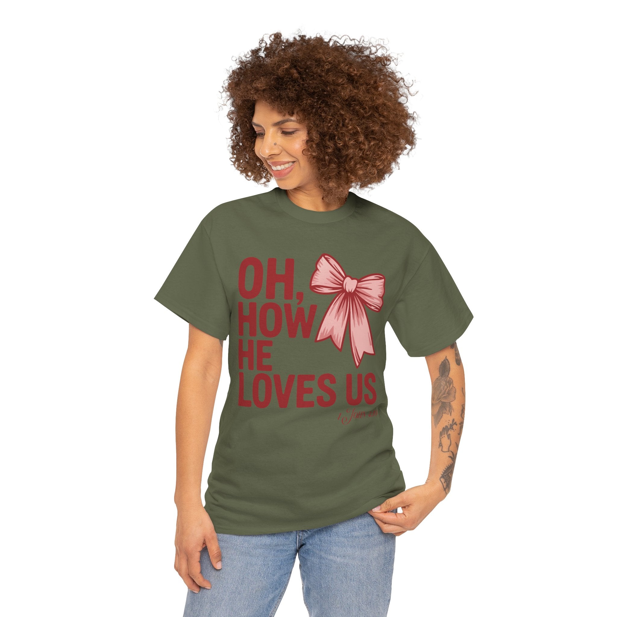 Oh, How He Loves Us Christian Valentine Tee — 1 John 4:10 Red & Pink Unisex Cotton Tee