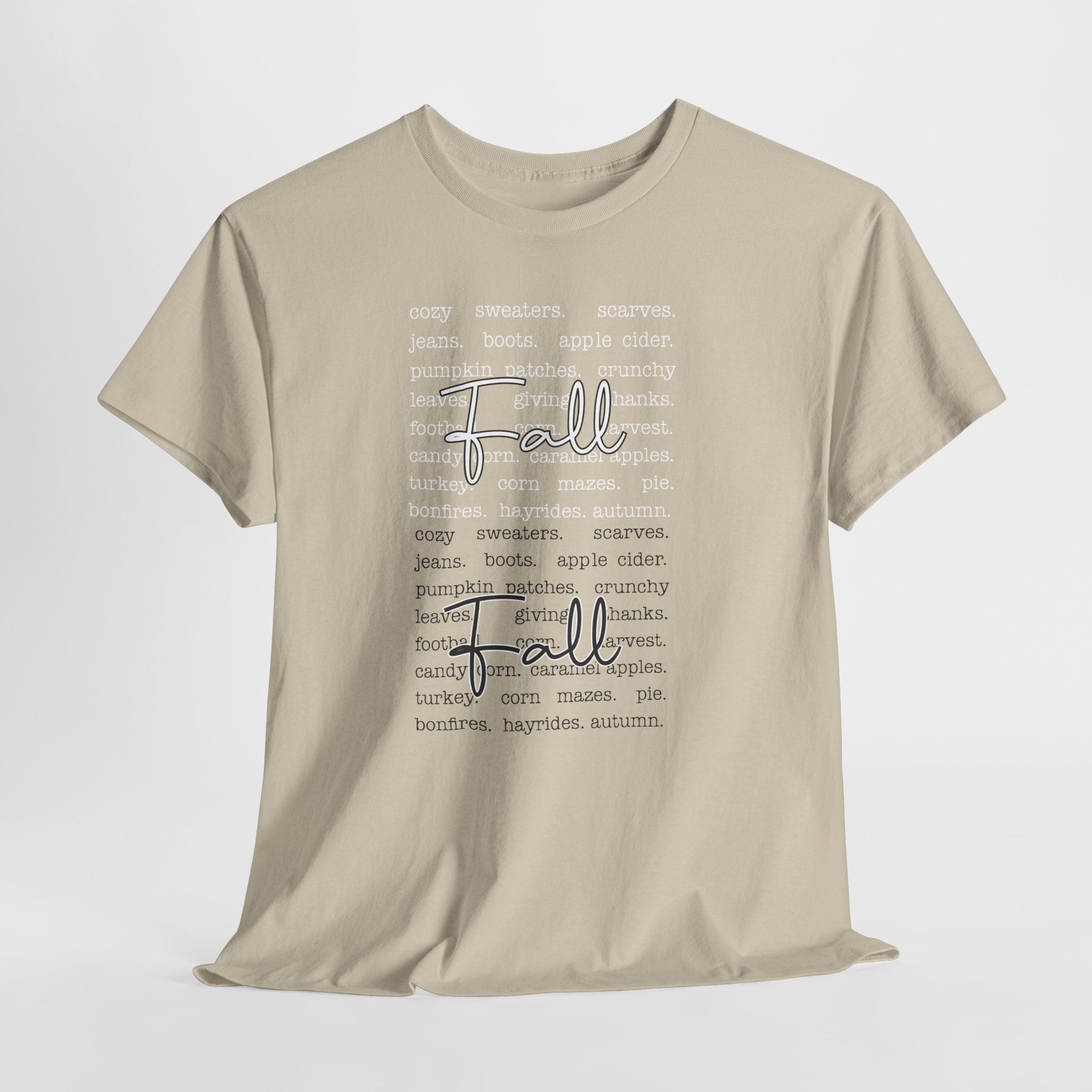 Fall Cursive Typography T-Shirt — Sweaters, Cider & Pumpkins. Unisex Cotton Tee