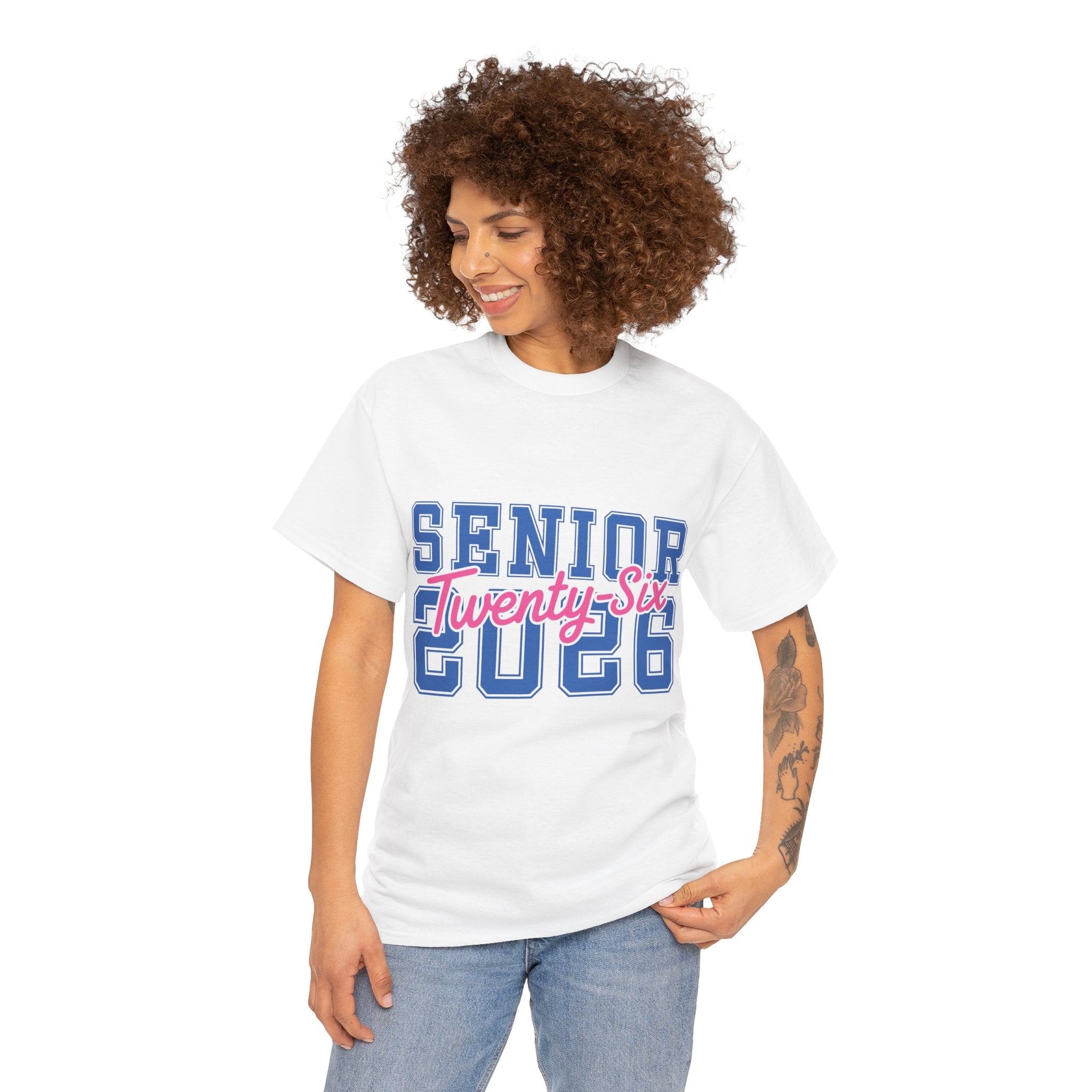 Senior 2026 Tee — Pink Varsity Block with Blue Script Overlay Unisex Cotton Tee