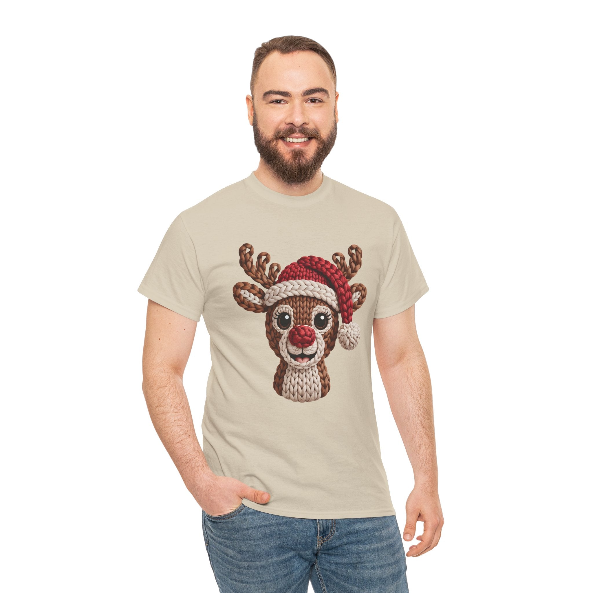 Reindeer in Santa Hat Cotton Tee — Joyful Faux-Yarn Holiday Unisex Coton T-Shirt