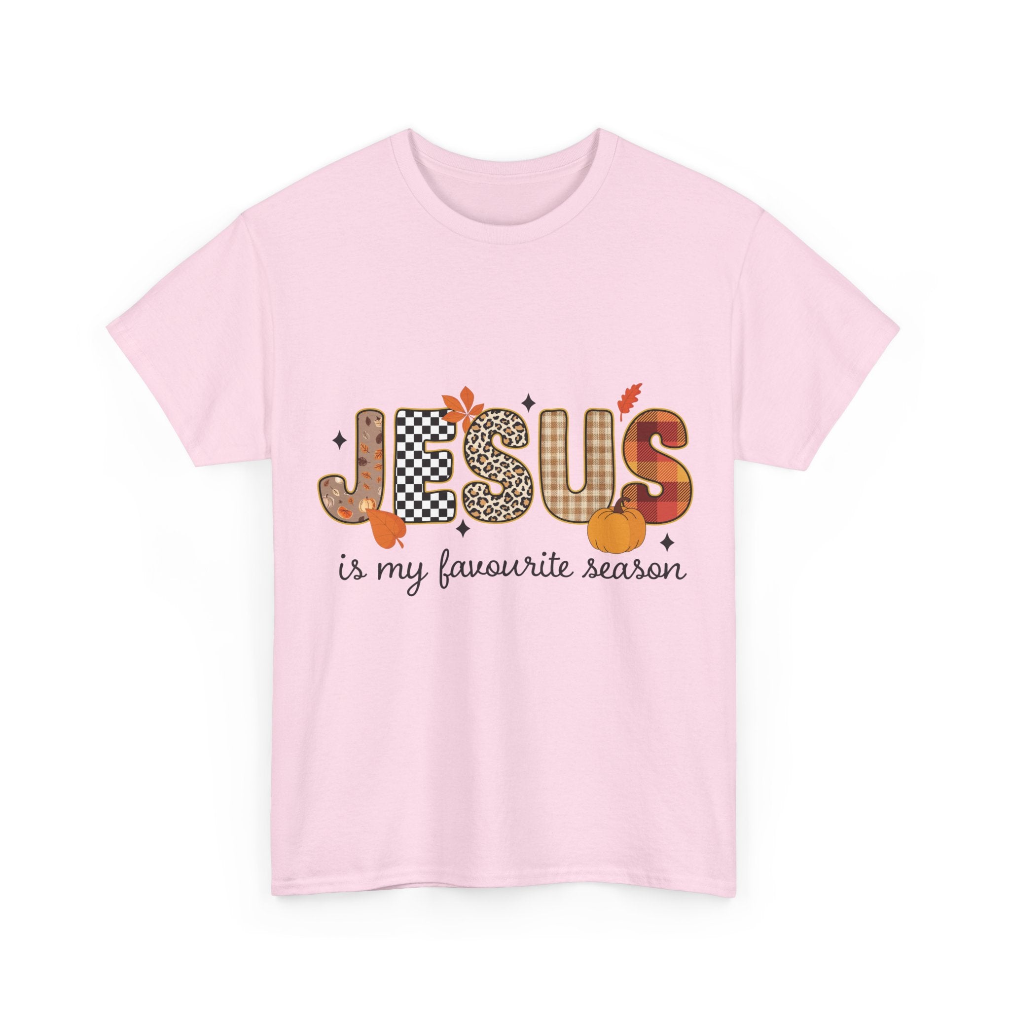Jesus Is My Favorite Season Tee — Autumn Plaid & Leopard Lettering Unisex Cotton Tee