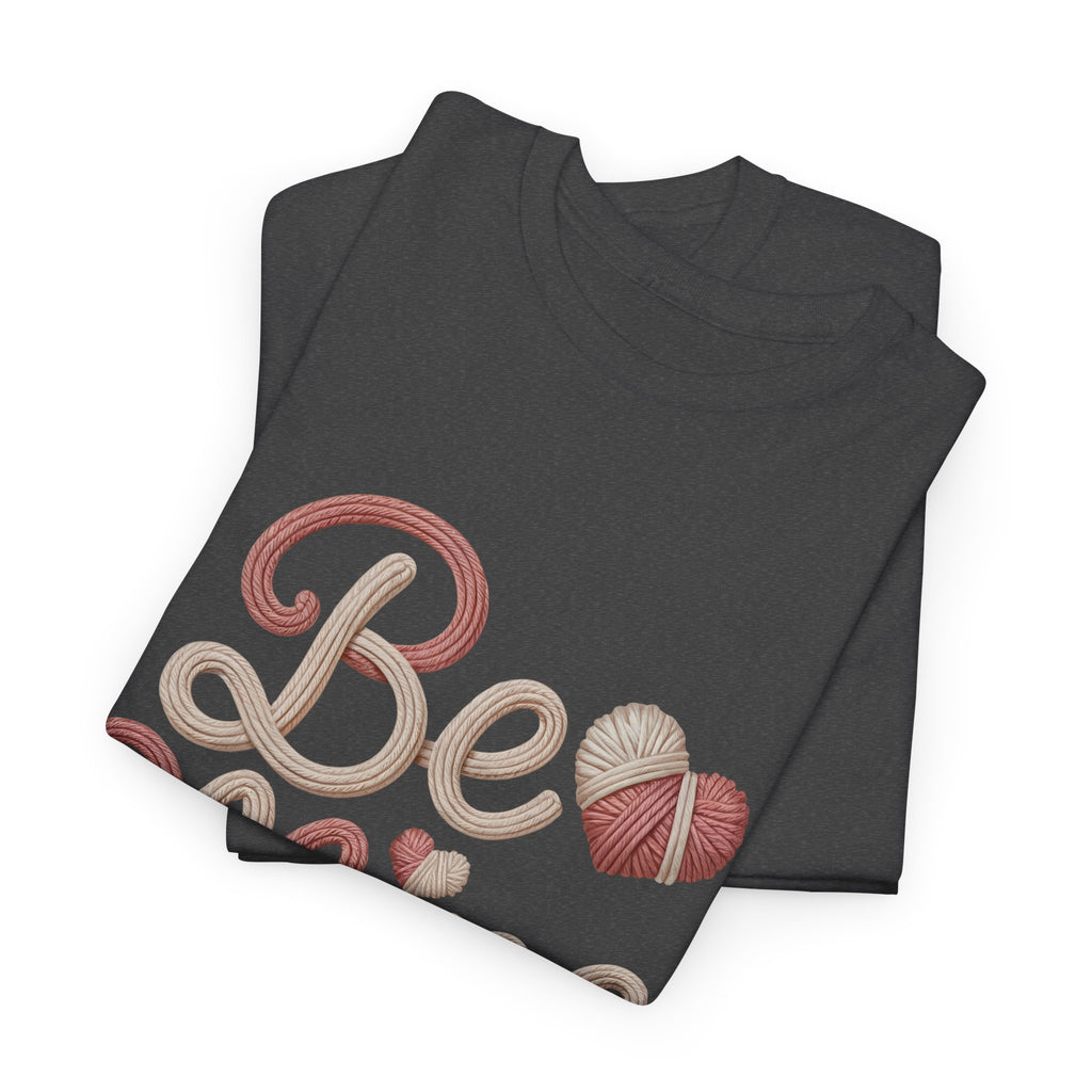 Be Mine Yarn Heart T-Shirt — Valentine’s Faux-Yarn Pink & Cream Unisex Cotton Tee