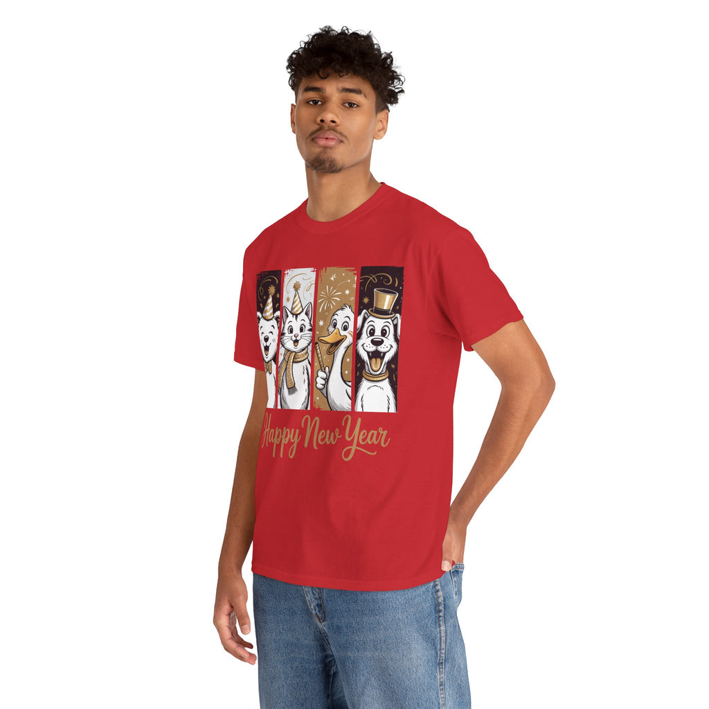 Happy New Year Party Animals T-Shirt — Cute Smiling Animals in Party Hats & Gold Fireworks..Unisex Cotton Tee