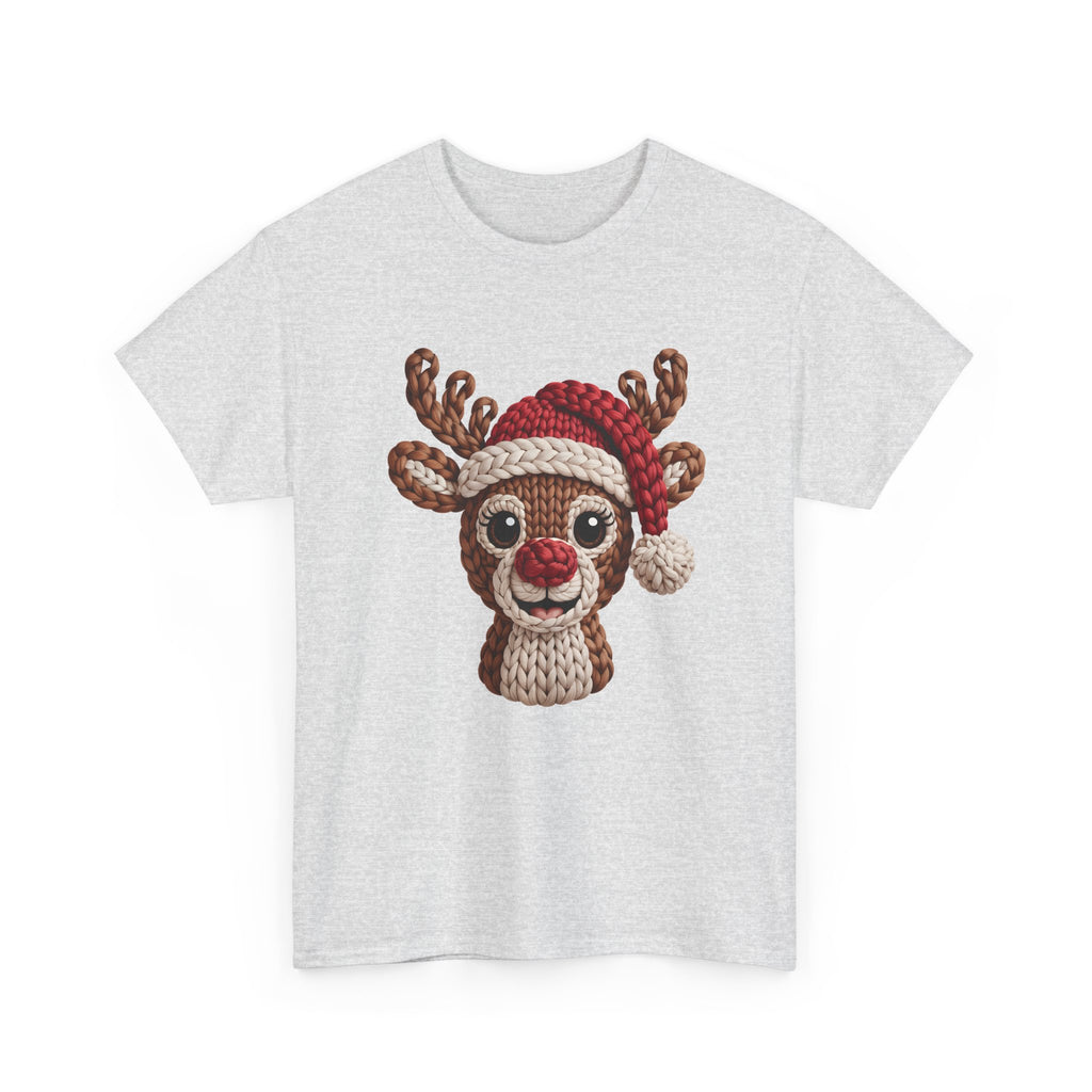Reindeer in Santa Hat Cotton Tee — Joyful Faux-Yarn Holiday Unisex Coton T-Shirt