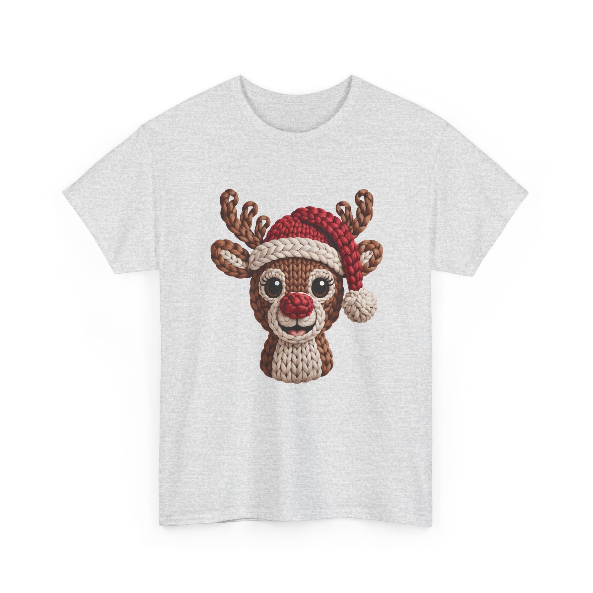 Reindeer in Santa Hat Cotton Tee — Joyful Faux-Yarn Holiday Unisex Coton T-Shirt