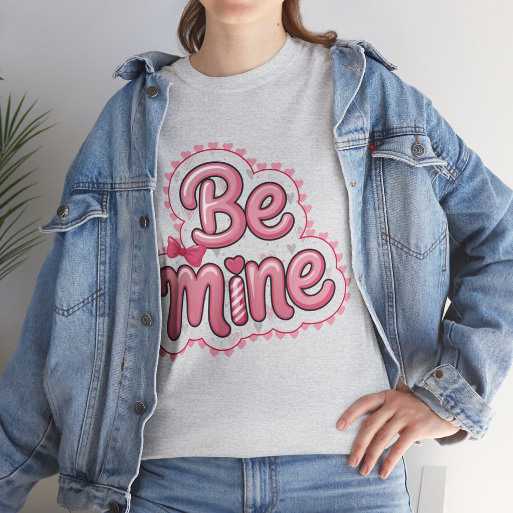 Be Mine Valentine T-Shirt — Pink Bubble Letters with Hearts & Bow..Unisex Cotton Tee