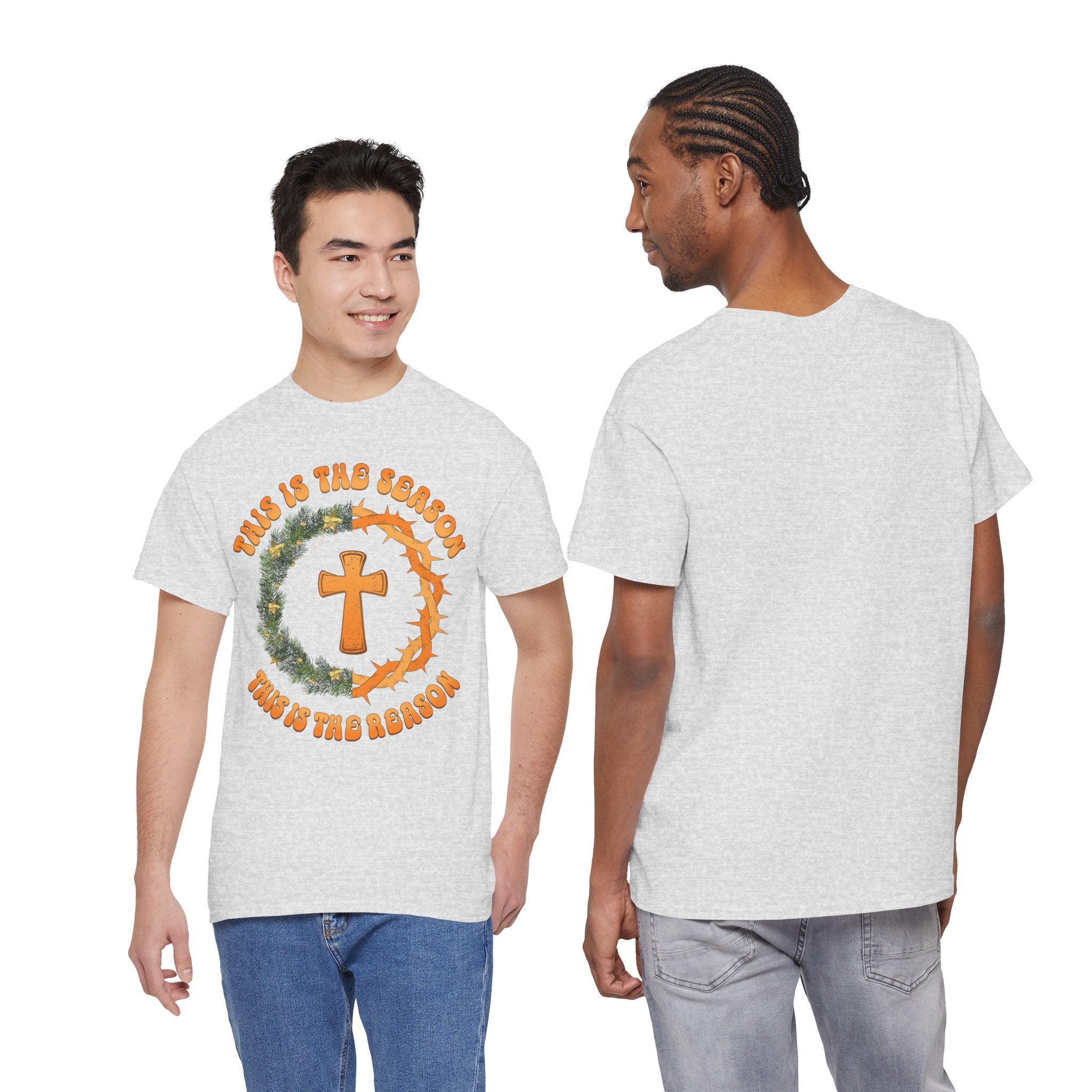 Christian T‑Shirt — "This is the Season, This is the Reason" (Golden Cross, Wreath & Crown of Thorns)..Unisex Cotton Tee