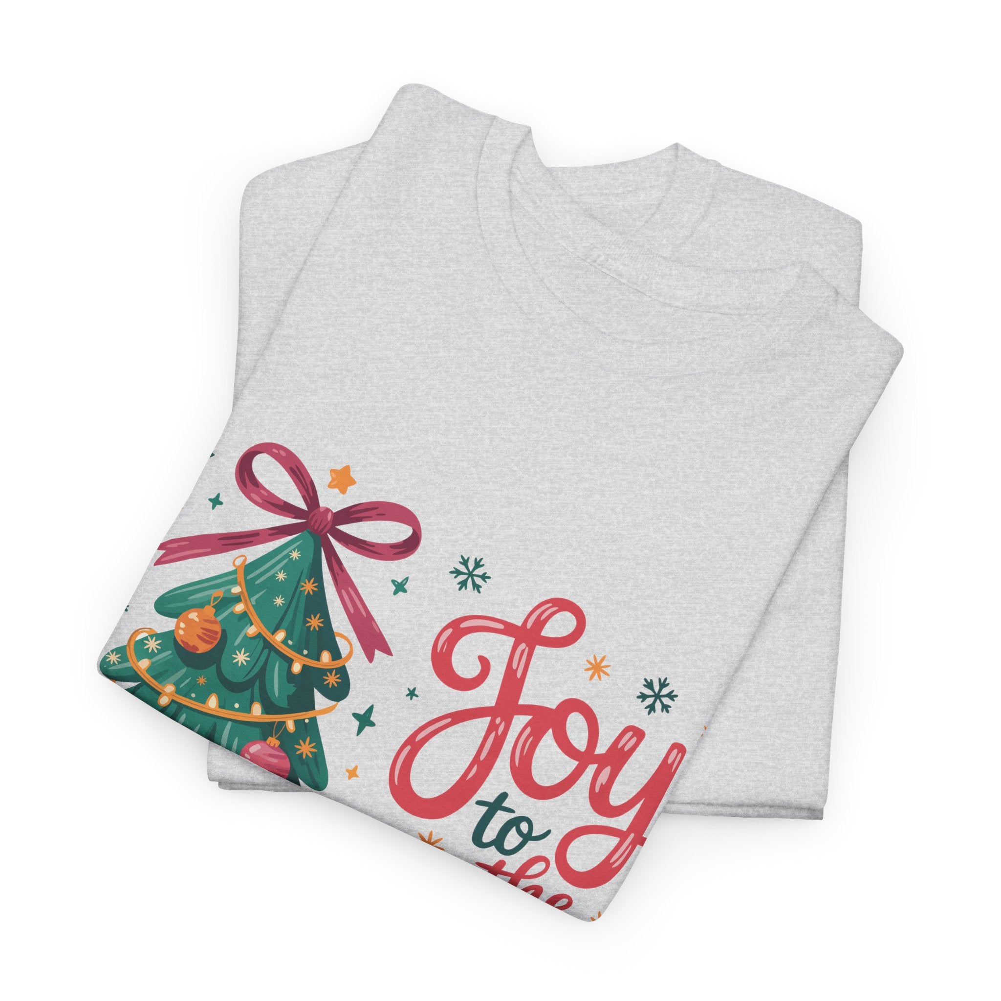 Joy to the World Christmas Tee — Festive Tree with Pink Bow..Unisex Cotton Tee