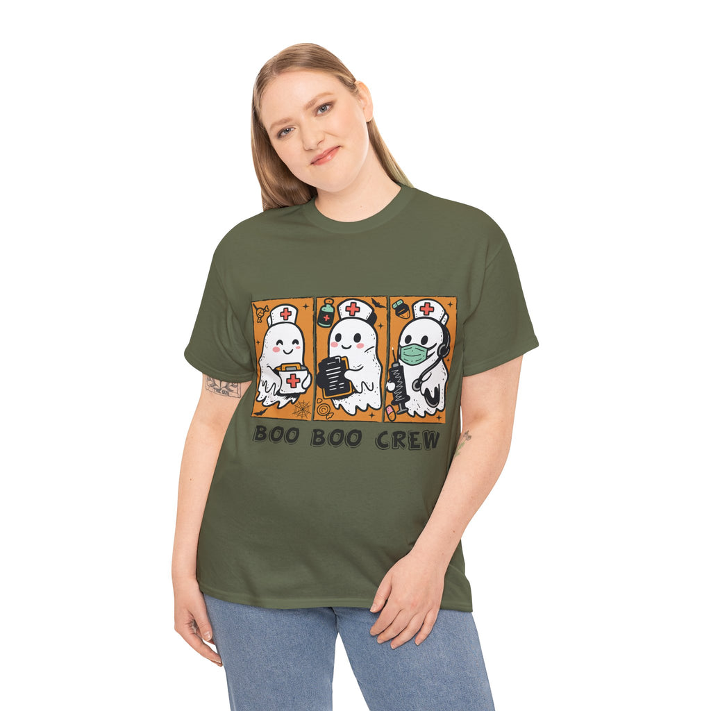 Halloween Nurse T-Shirt — Ghost Nurses Holding Medical Tools on Orange Unisec Cotton Tee