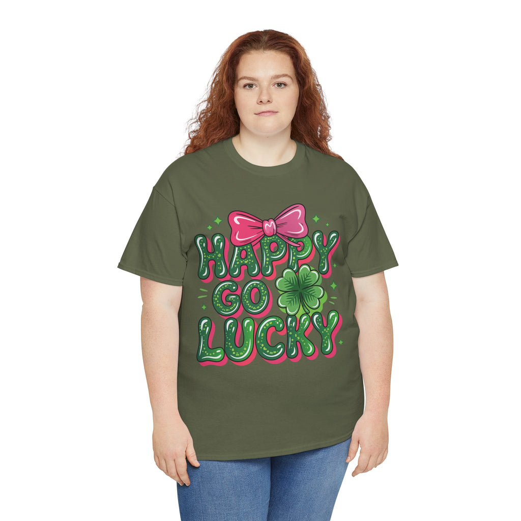 Happy Go Lucky Four-Leaf Clover Tee — Glossy Green Letters & Pink Bow Unisex Cotton Tee