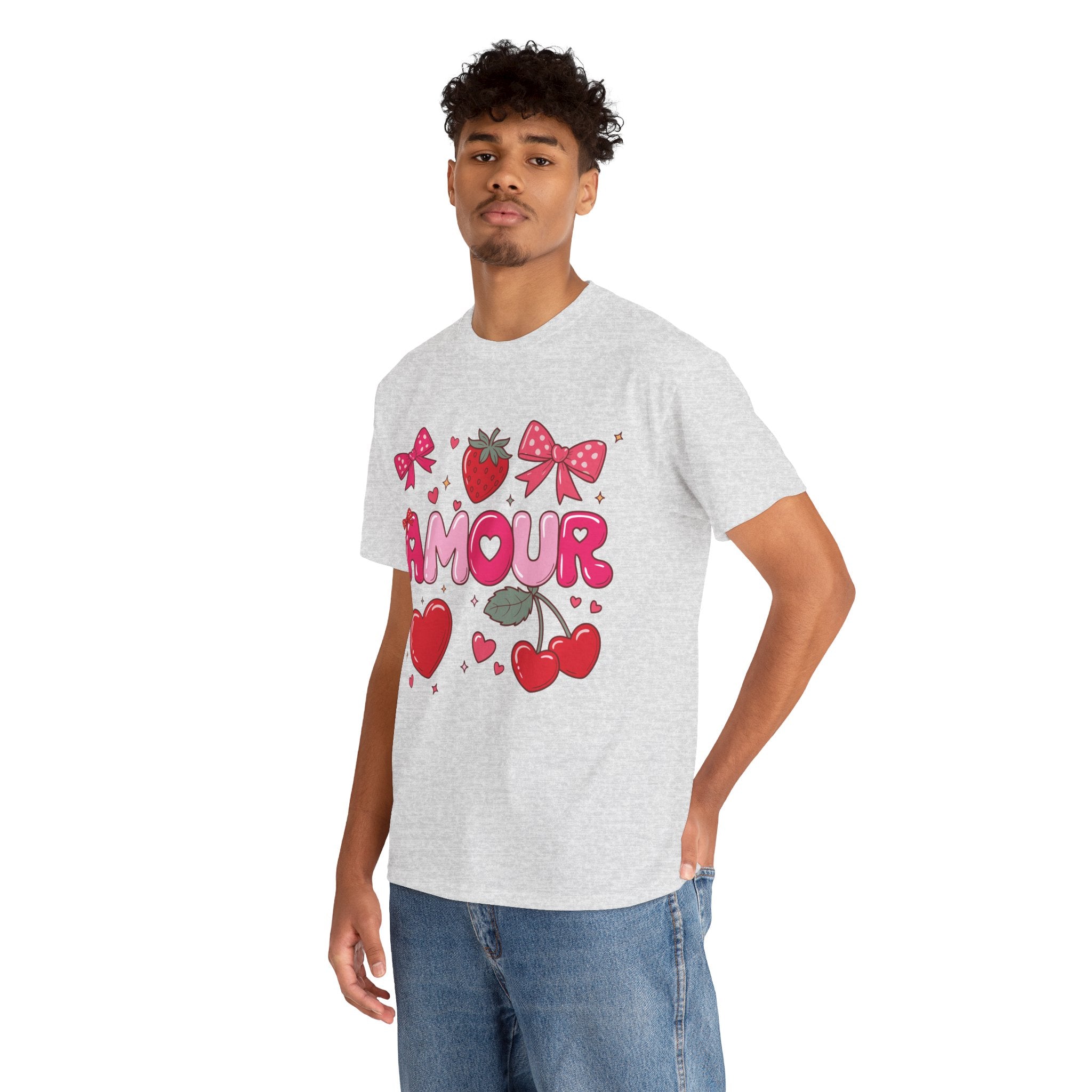 Amour Pink Hearts Tee — Shiny Lettering with Bows, Cherries & Strawberry Accent...Unisex Cotton Tee
