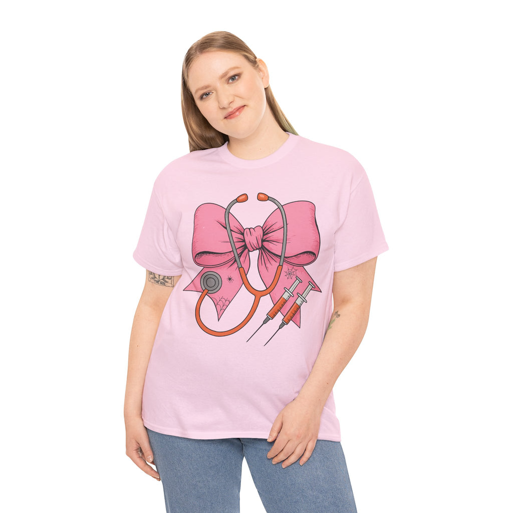 Halloween Nurse T‑Shirt — Pink Nurse Bow with Stethoscope, Syringes & Spider Webs..Unisex Cotton Tee
