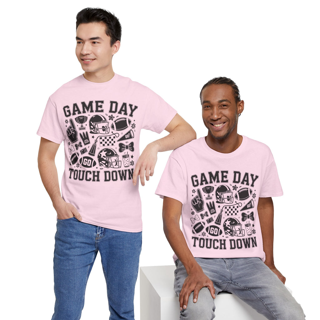 Game Day Touch Down Football T‑Shirt — Helmet & Cheer Monochrome Design Unisex Cotton Tee