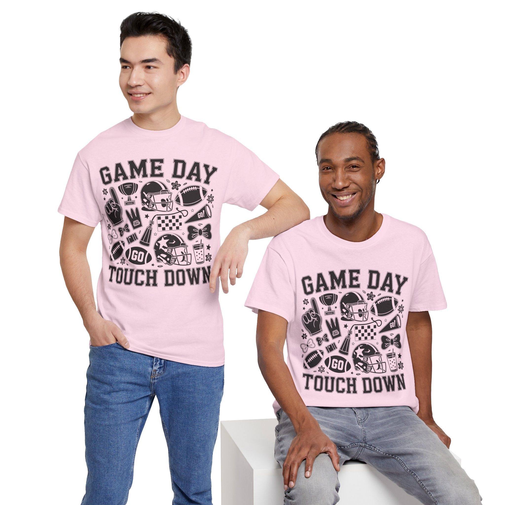 Game Day Touch Down Football T‑Shirt — Helmet & Cheer Monochrome Design Unisex Cotton Tee