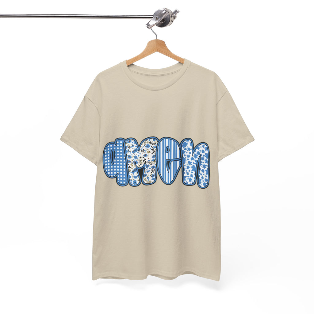 Amen Blue Floral Tee — Decorative Floral Lettering Christian Shirt Unisex Cotton Tee