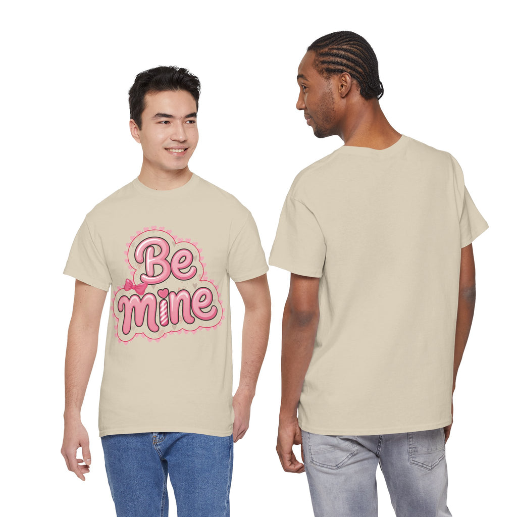 Be Mine Valentine T-Shirt — Pink Bubble Letters with Hearts & Bow..Unisex Cotton Tee