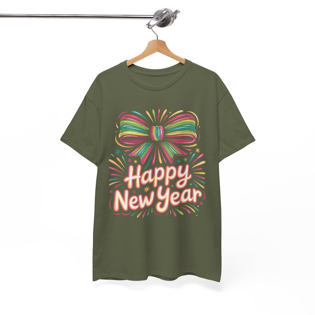 Happy New Year Pastel Tee — Rainbow Bow & Fireworks Celebration Unisex Cotton Tshirt