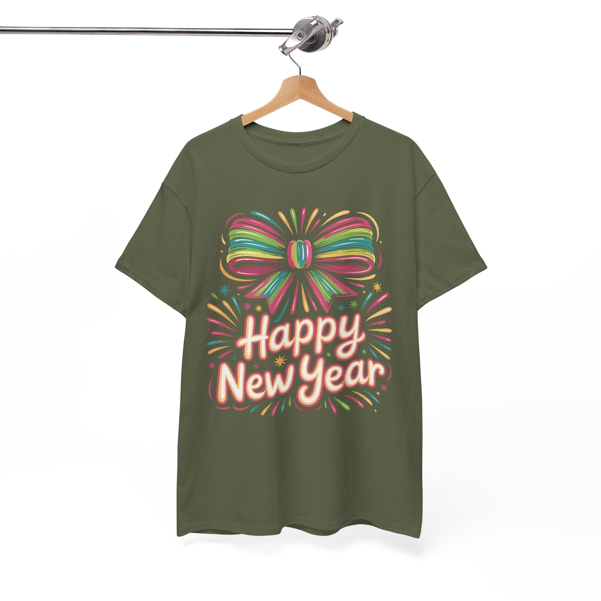 Happy New Year Pastel Tee — Rainbow Bow & Fireworks Celebration Unisex Cotton Tshirt