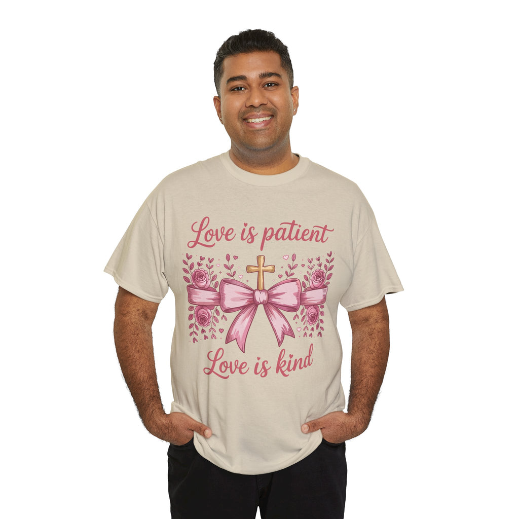 Christian Floral Tee — "Love is Patient, Love is Kind" Pink Rose Cross. Unisex Cotton Tee
