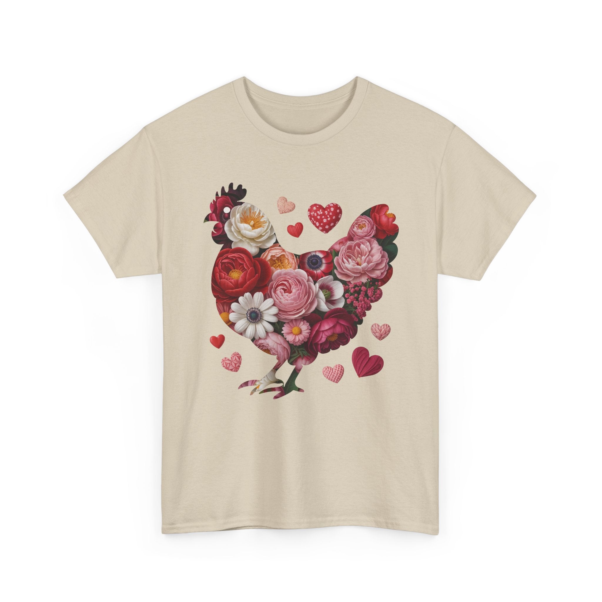 Floral Chicken Heart Tee — Red & Pink Flower Silhouette Unisex Cotton Tee