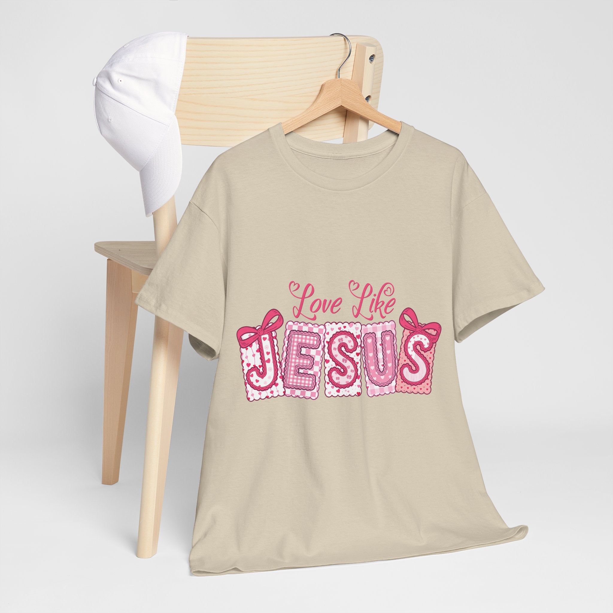 Love Like Jesus Patchwork Tee — Pink Stitched Heart Graphic.Unisex Cotton Tee