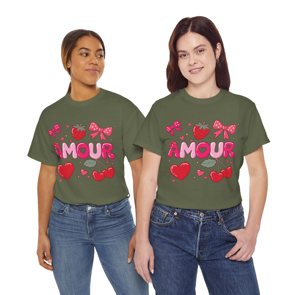 Amour Pink Hearts Tee — Shiny Lettering with Bows, Cherries & Strawberry Accent...Unisex Cotton Tee